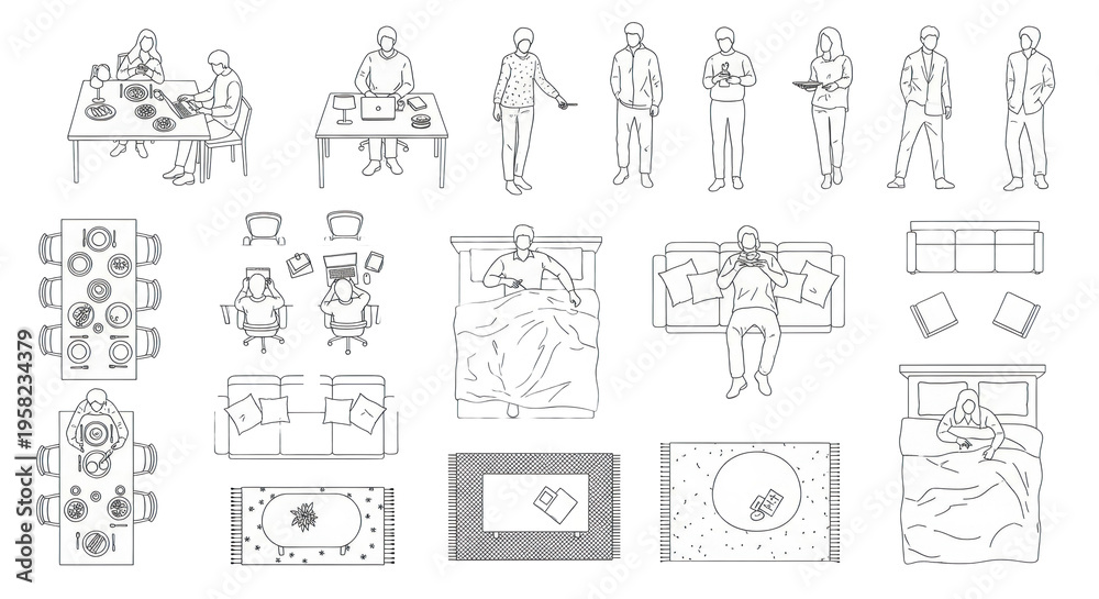 Obraz premium Diverse minimalist line art figures in everyday activities with furniture (desks, sofas, beds, tables) in precise black outline on transparent background, top-down blueprint view. Concept for