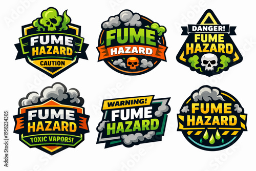 Fume hazard warning signs, toxic vapors and chemical danger badges with skulls and smoke displaying caution messages