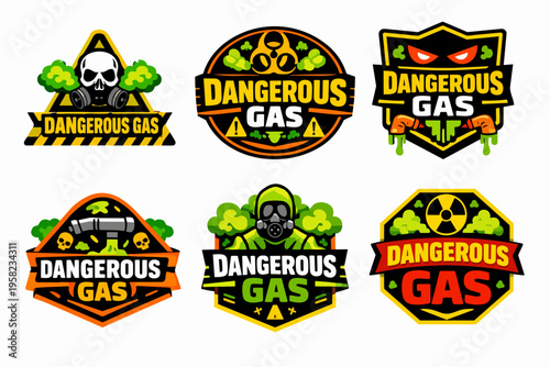 Dangerous gas warning labels and emblems collection presenting skull, biohazard, radiation, and hazmat suit symbols