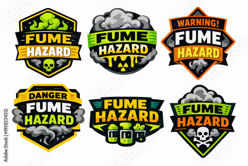 Fume hazard warning badges set featuring skull, radiation, and chemical beaker symbols for industrial safety and toxicity