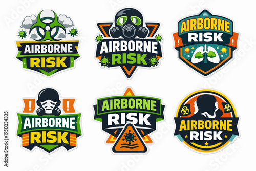 Collection of airborne risk warning badges showcasing symbols related to virus protection, safety, and health