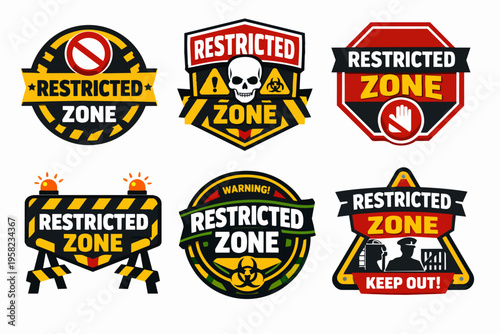 Restricted zone warning signs collection, including biohazard, keep out, danger, and no entry symbols