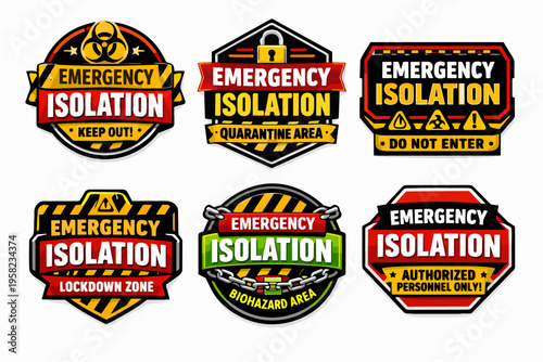 Emergency isolation, biohazard, lockdown, and quarantine warning signs collection for restricted safety areas