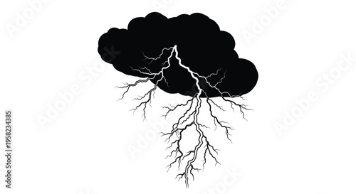 A dark silhouetted cloud with prominent lightning bolts extending downwards