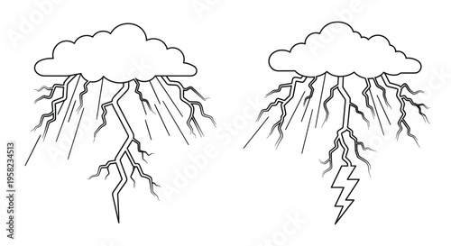 Two storm clouds with jagged lightning bolts in a black and white illustration