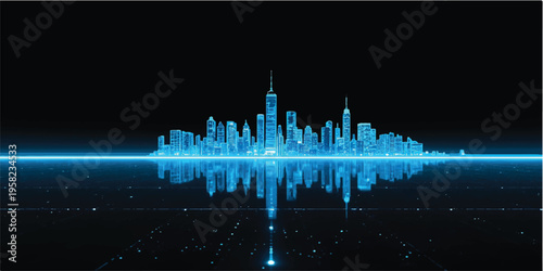 Abstract blue background featuring a digital sound wave equalizer silhouette over a night city skyline vector illustration with urban architecture skyscrapers and buildings