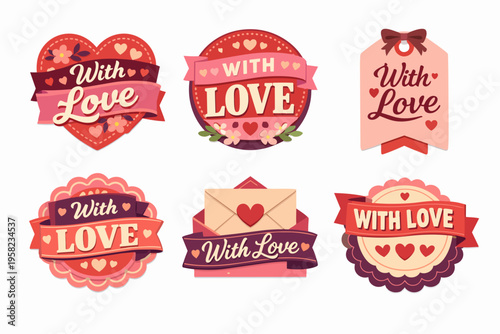 Collection of with love badges and labels in red and pink colors, celebrating romance and valentine's day
