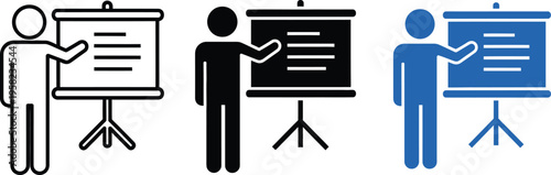 Three stick figures presenting on flipcharts