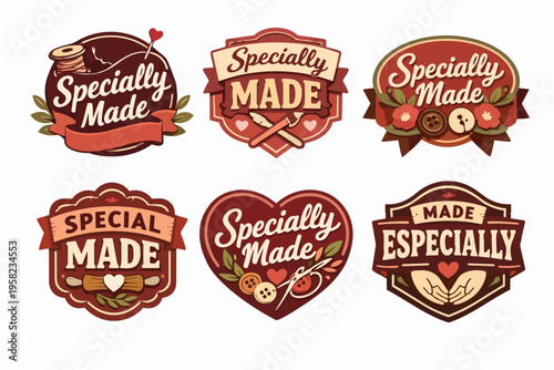 Handmade specially made and special made craft labels set, showcasing traditional artisan tools and warm brown tones