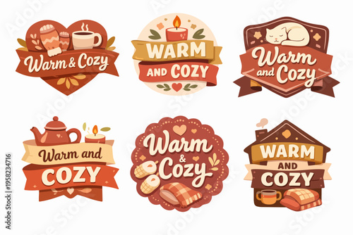 Set of cozy labels and badges illustrating hygge lifestyle, showcasing warm mittens, teapot, slippers, and blanket