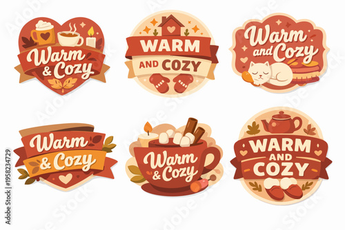 Vector collection of warm and cozy stickers with hearth, cat, hot chocolate, mittens, slippers, and autumn leaves