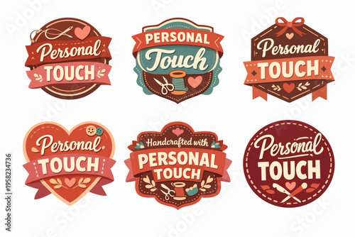 Personal touch handcrafted labels set, featuring vintage style badges for sewing, crafting, and bespoke design