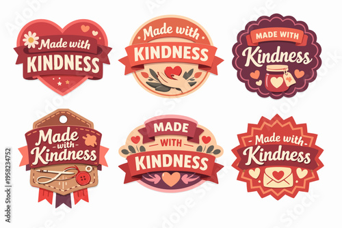 Made with kindness sticker collection showcasing various designs for handmade items and charitable activities