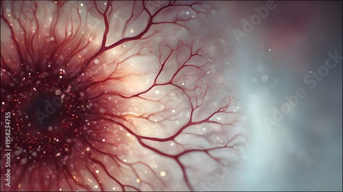 An artistic representation depicts a network of crimson capillaries branching out, resembling roots against a blurred ethereal background, soft and