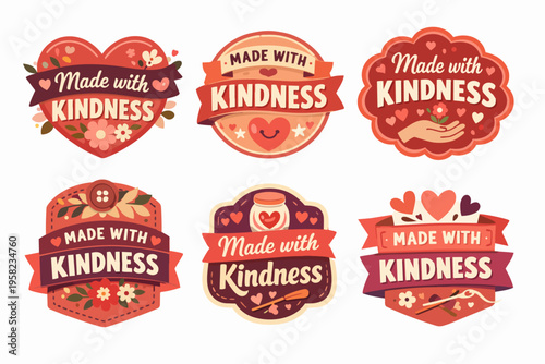 Set of cute vector badges with made with kindness text, hearts, flowers, and handmade crafts, conveying love and care