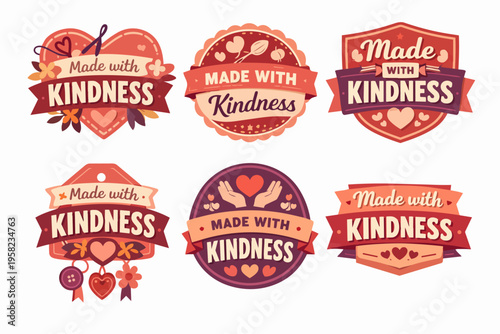 Set of cute badges and labels displaying made with kindness text, incorporating hearts, ribbons, flowers, and crafting elements