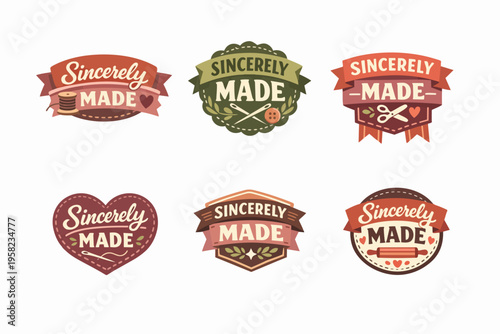 Sincerely made labels collection promoting handmade crafts, artisanal quality, and diy products with vintage badges