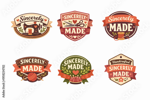 Collection of six individual vector logos featuring various craft tools and labels, promoting quality, handmade, and diy projects