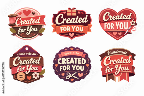 Handmade craft created for you labels and badges collection promoting personalized gifting and diy products