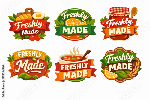 Freshly made food badges and labels collection for natural organic product packaging and homemade healthy meal advertising
