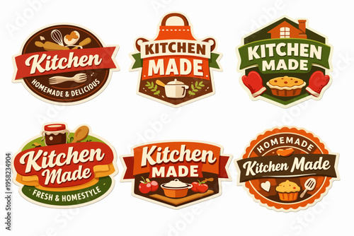 Kitchen made homemade food labels for cooking, culinary badges, and vintage style restaurant packaging stickers