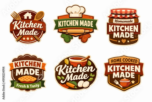 Collection of kitchen made food labels with cooking utensils, ingredients, and sweet treats in a retro cartoon style