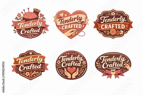 Collection of handcrafted sewing and crafting labels illustrating artisanal diy designs with vintage elements