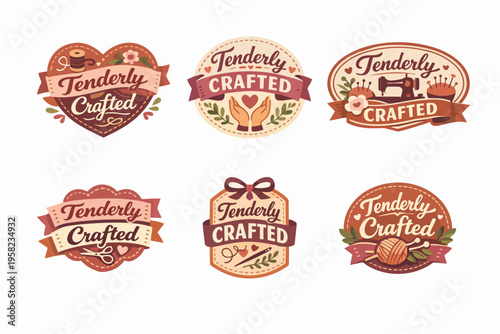 Set of vector logos for craft stores, workshops, or handmade goods, showing vintage elements and ribbons