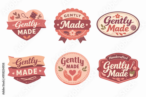 Collection of gently made and handcrafted vector badges and labels depicting handmade quality and care