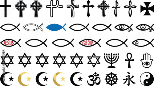 religion, symbols, set, christianity, islam, judaism, buddhism, hinduism, spirituality, faith, icon, cross, star, crescent, om, yin yang, vector, illustration, collection, design