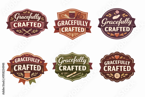 Gracefully crafted artisan labels for handmade goods, vintage badges with sewing and knitting tools concepts