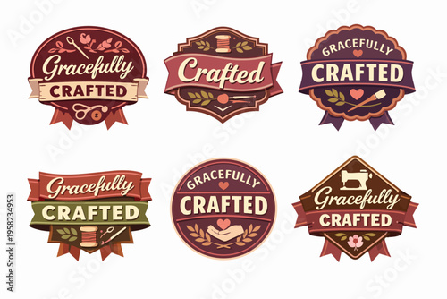 Handcraft and sewing labels collection featuring gracefully crafted text, representing hobby, diy, needlework, and artisan workshops