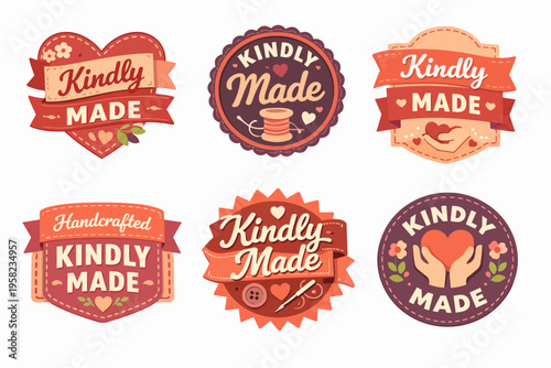 Six vector badges showing kindly made and handcrafted text with hearts, thread spools, needles, buttons, and hands