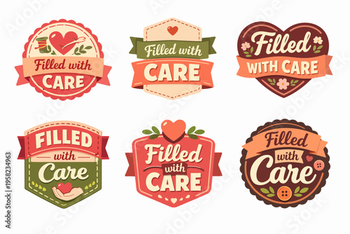 Set of filled with care emblems, badges displaying love, handmade quality, responsibility, and attention