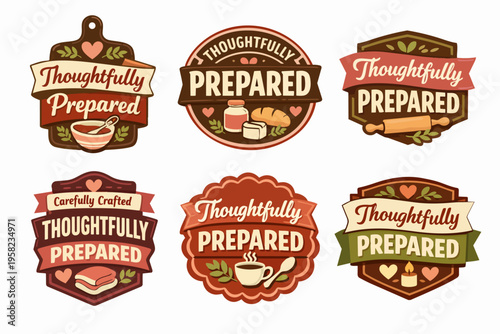 Thoughtfully prepared and carefully crafted badges set, illustrating artisan baking, homemade food, and quality ingredients