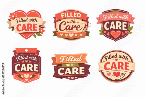 Vintage style filled with care labels featuring hearts, ribbons and handmade craft design emblems of love and kindness