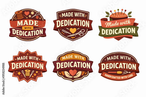 Artisan made with dedication labels collection. Crafts, handmade sewing and tailoring emblems for quality products