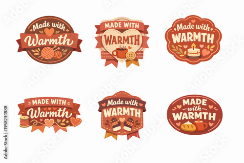 Set of made with warmth badges illustrating handmade crafts, knitted items, clothing, baked goods, and hot drinks