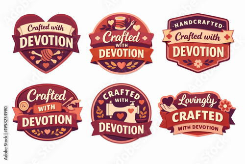 Handcrafted labels collection with crafted with devotion text and crafting tools for artisan and handmade goods