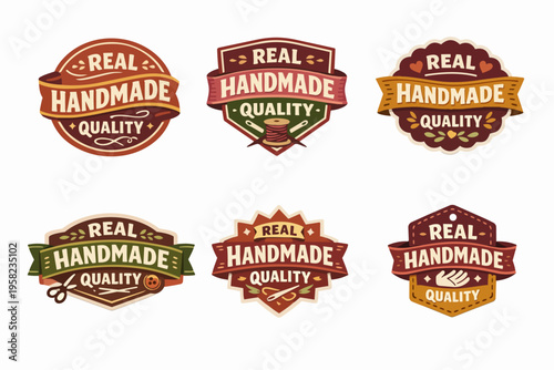 Collection of real handmade quality badges and labels showcasing craft and artisan work with sewing tools
