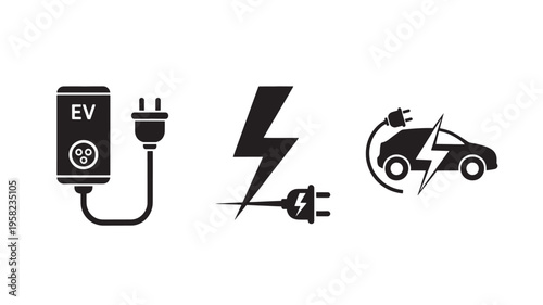 Electric Vehicle Charging Icons with EV Plug Battery and Charging Station Symbols for Sustainable Energy Transport