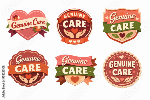 Genuine care badges set, vintage style labels with hearts and hands symbolizing compassion and support