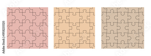 Set of seamless jigsaw puzzle patterns with interlocking pieces in vector outline format. Different geometric puzzle shapes perfect for DIY game background, template, graphic design, project, template