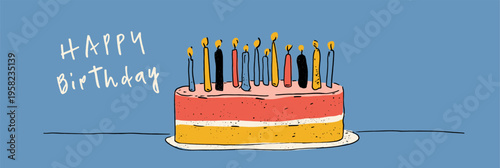 Birthday cake with ten candles and happy birthday text. Illustrated birthday cake with ten lit candles and Happy Birthday message on blue background
