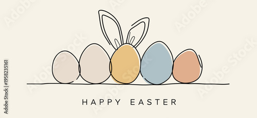 Easter eggs with bunny ears and Happy Easter text. Happy Easter greeting card. Pastel colored eggs with bunny ears and Happy Easter text, celebrating spring holiday