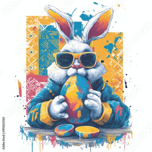 Cool cartoon rabbit wearing sunglasses holding Easter egg poster. Cartoon rabbit wearing sunglasses holding a colorful graffiti-painted Easter egg with traditional food