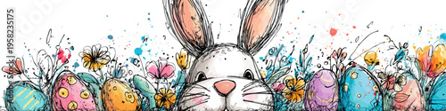 Easter bunny holding decorated eggs and spring flowers wallpaper. Whimsical Easter bunny holding colorful decorated eggs and spring flowers in hand-drawn doodle style