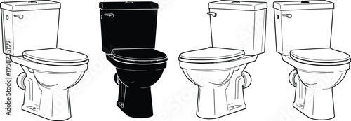 Four toilets with one black toilet in the middle