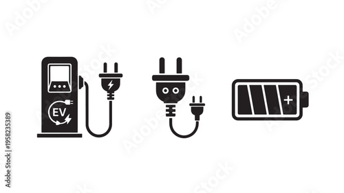 Electric Vehicle Charging Station Icon with Battery and Plug Symbols for EV Energy and Eco Transport Concepts