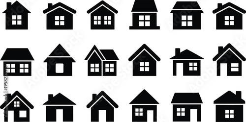 Collection of 18 simple black and white house icons